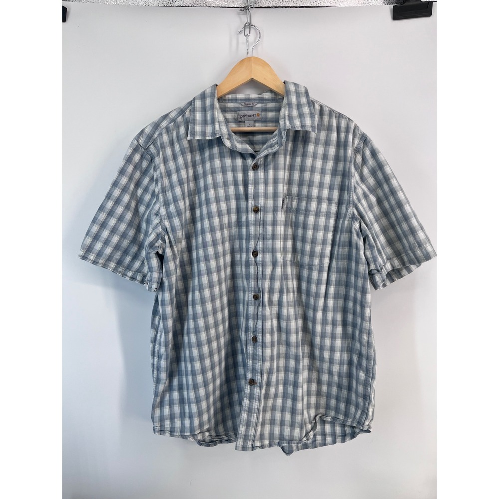 Carhartt Mens XL Relaxed Fit Short Sleeve Plaid Button Down Shirt Blue White